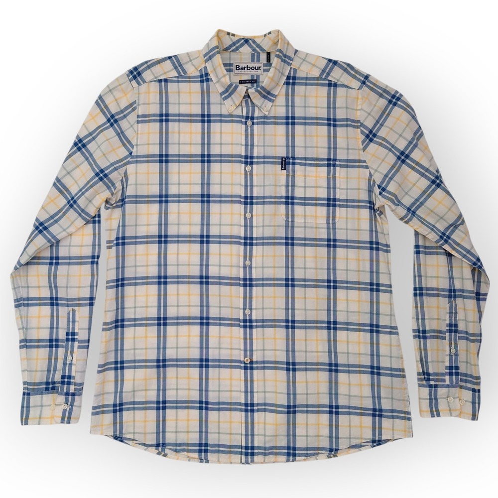 Barbour Madres Shirt Mens M Blue Plaid Tailored Fit Button Down MSH4663WH31